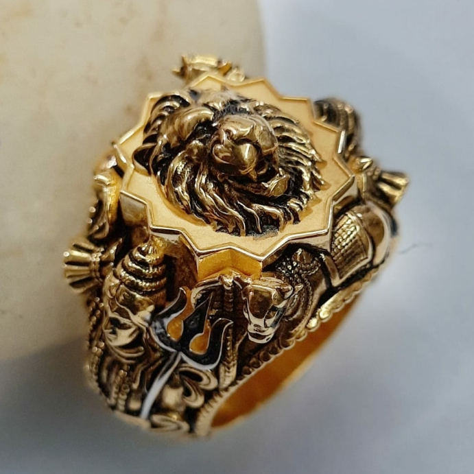 916 Gold Fancy Gent's Lione Face With Shiva Theam Ring